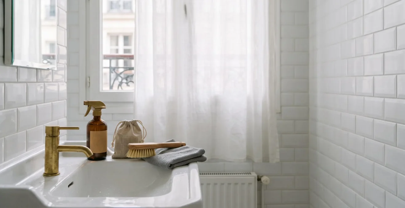 Salle de bain compacte à la française impeccablement propre avec des produits d'entretien naturels disposés sur le lavabo