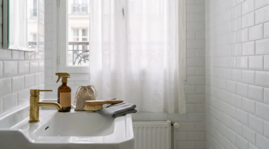 Salle de bain compacte à la française impeccablement propre avec des produits d'entretien naturels disposés sur le lavabo