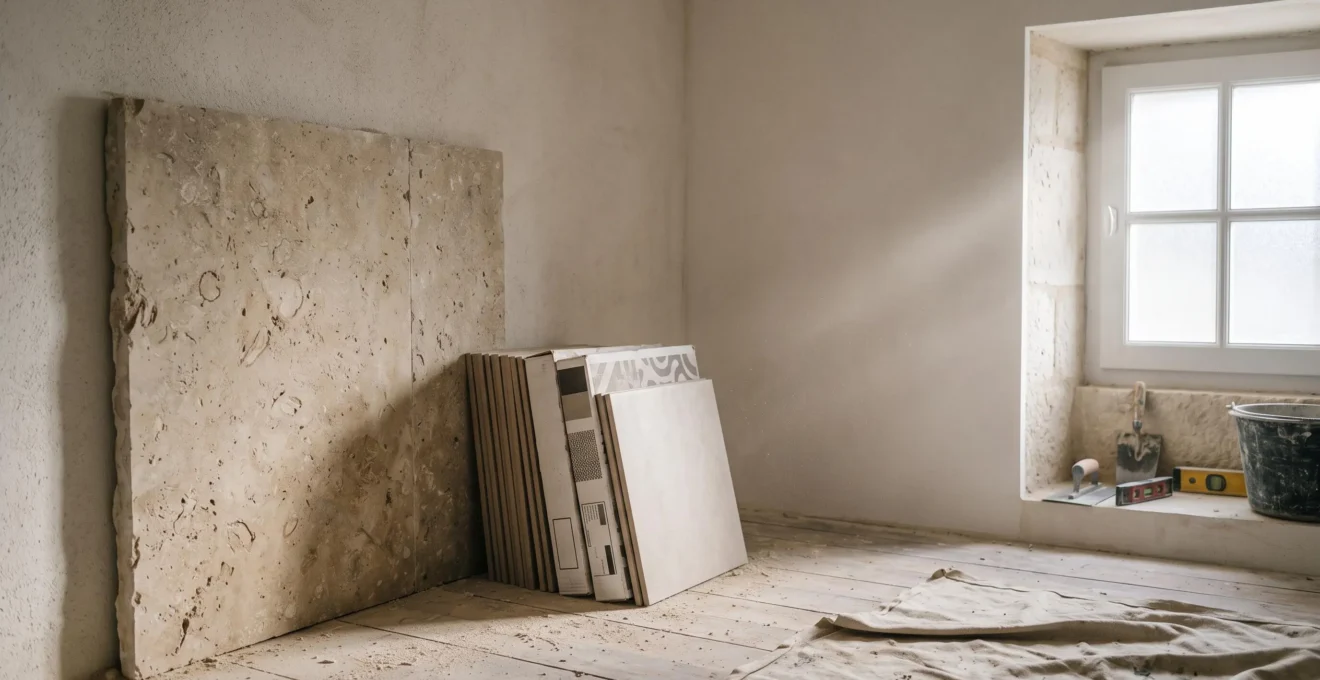 Salle de bain épurée en pierre naturelle avec lumière naturelle, incarnant le dilemme entre authenticité écologique et marketing