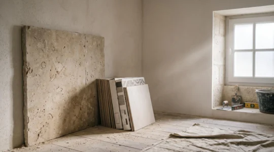 Salle de bain épurée en pierre naturelle avec lumière naturelle, incarnant le dilemme entre authenticité écologique et marketing