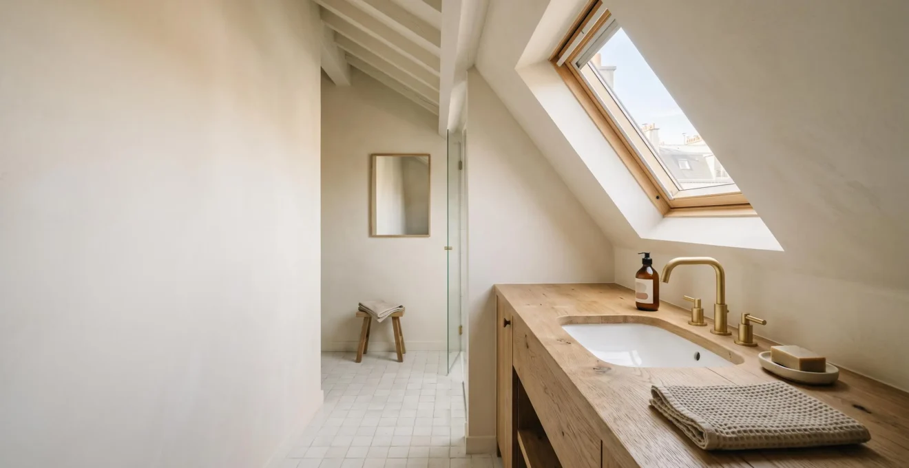 Vasque sur plan de toilette en bois massif installée sous une pente de toit dans une salle de bain mansardée lumineuse