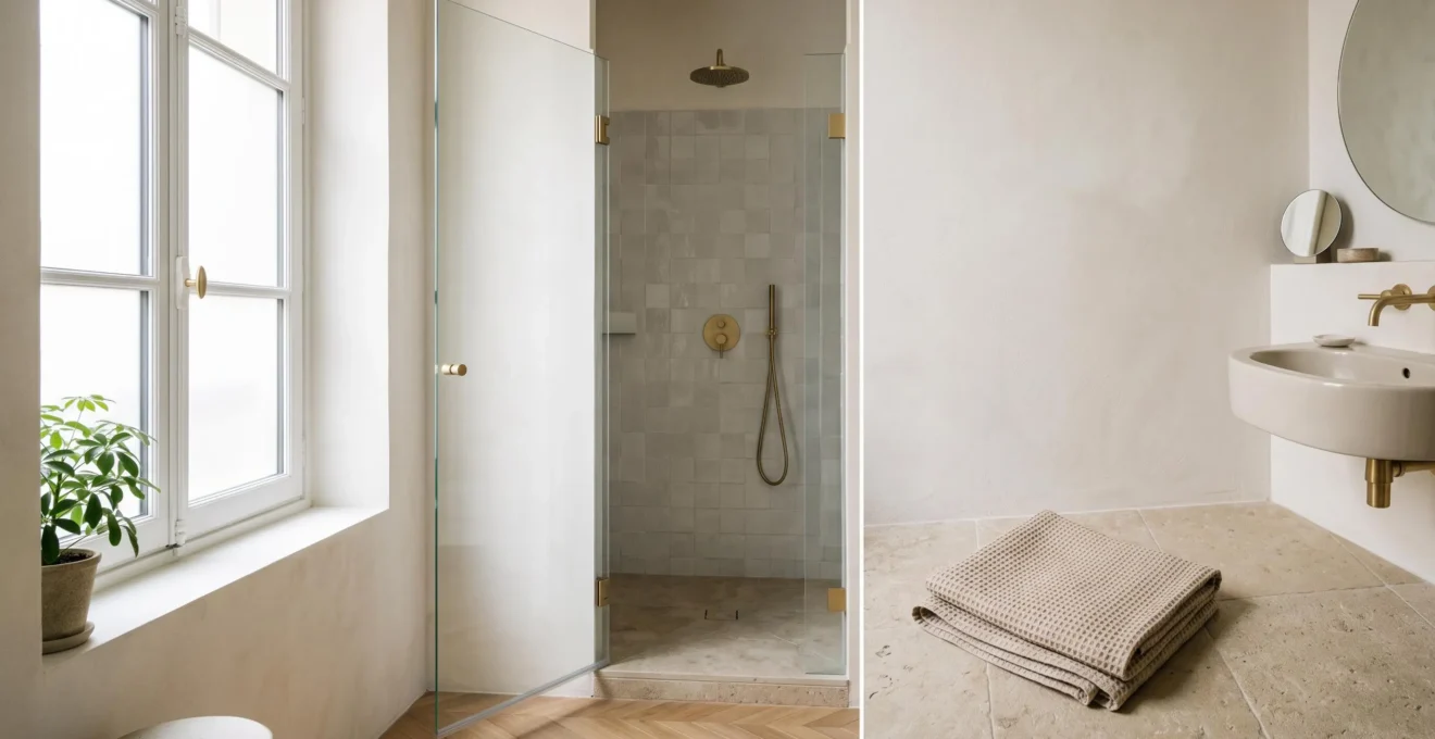 Porte de douche battante grande ouverte dans une salle de bain lumineuse illustrant le dilemme entre confort d'accès et gain d'espace