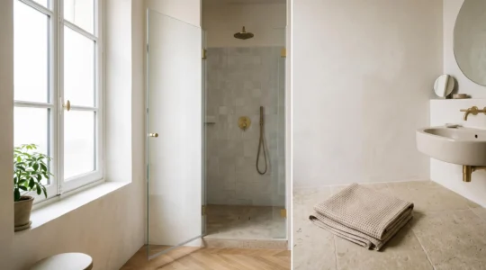 Porte de douche battante grande ouverte dans une salle de bain lumineuse illustrant le dilemme entre confort d'accès et gain d'espace