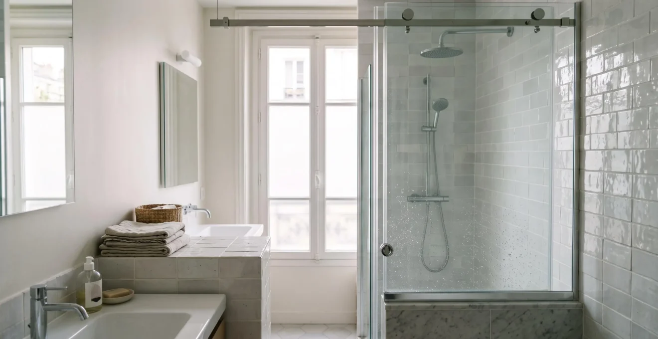 Porte de douche coulissante en verre dans une salle de bain épurée à la française, illustrant le dilemme entre gain d'espace et entretien