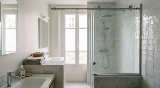 Porte de douche coulissante en verre dans une salle de bain épurée à la française, illustrant le dilemme entre gain d'espace et entretien