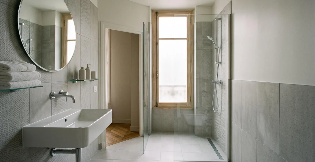 Petite salle de bain rénovée de 6 m2 avec équipements sanitaires modernes dans un appartement français