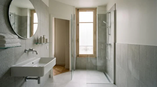 Petite salle de bain rénovée de 6 m2 avec équipements sanitaires modernes dans un appartement français