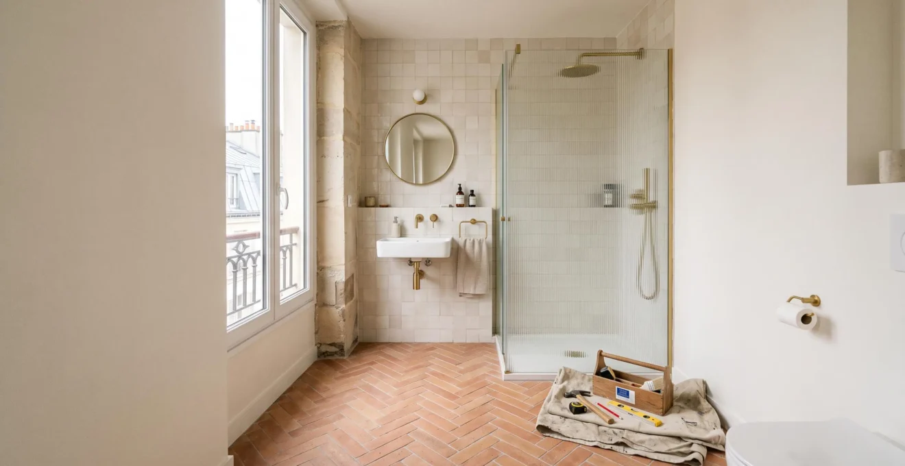 Salle de bain de 8 m2 entierement renovee avec des finitions soignees et un budget maitrise dans un appartement francais