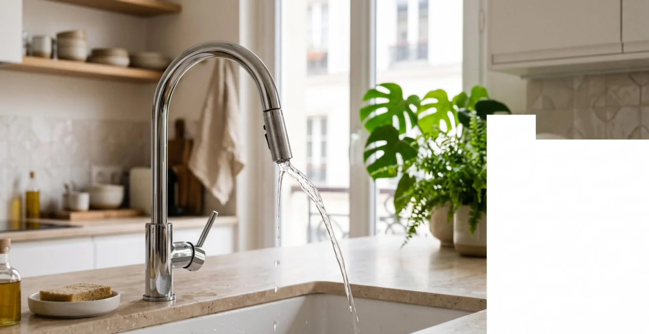 Robinet moderne dans une cuisine francaise elegante, symbole du dilemme entre innovation domotique et economie d'eau