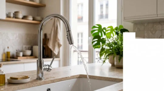 Robinet moderne dans une cuisine francaise elegante, symbole du dilemme entre innovation domotique et economie d'eau
