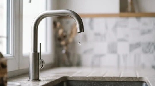 Robinet moderne en gros plan avec une goutte d'eau suspendue, symbolisant l'équilibre entre économie et confort dans une salle de bain française