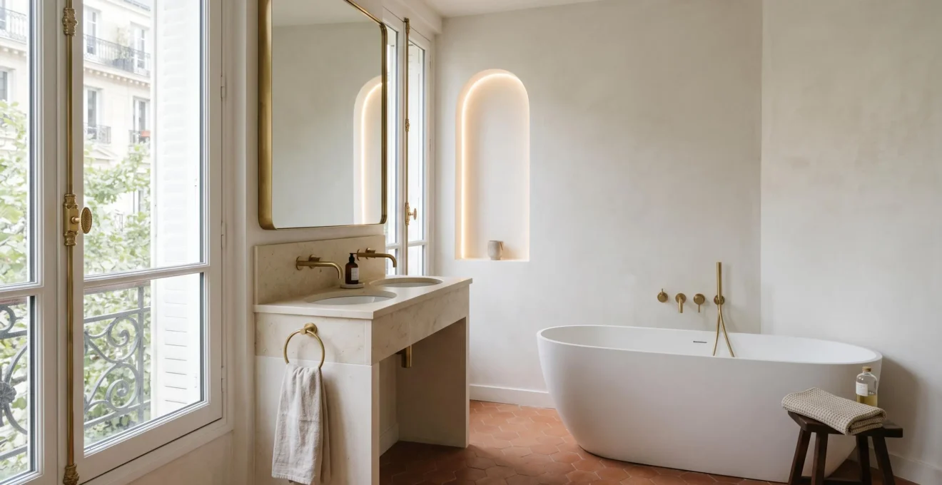 Salle de bain française épurée mêlant matériaux nobles intemporels et touches design contemporaines, baignée de lumière naturelle