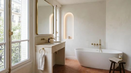 Salle de bain française épurée mêlant matériaux nobles intemporels et touches design contemporaines, baignée de lumière naturelle