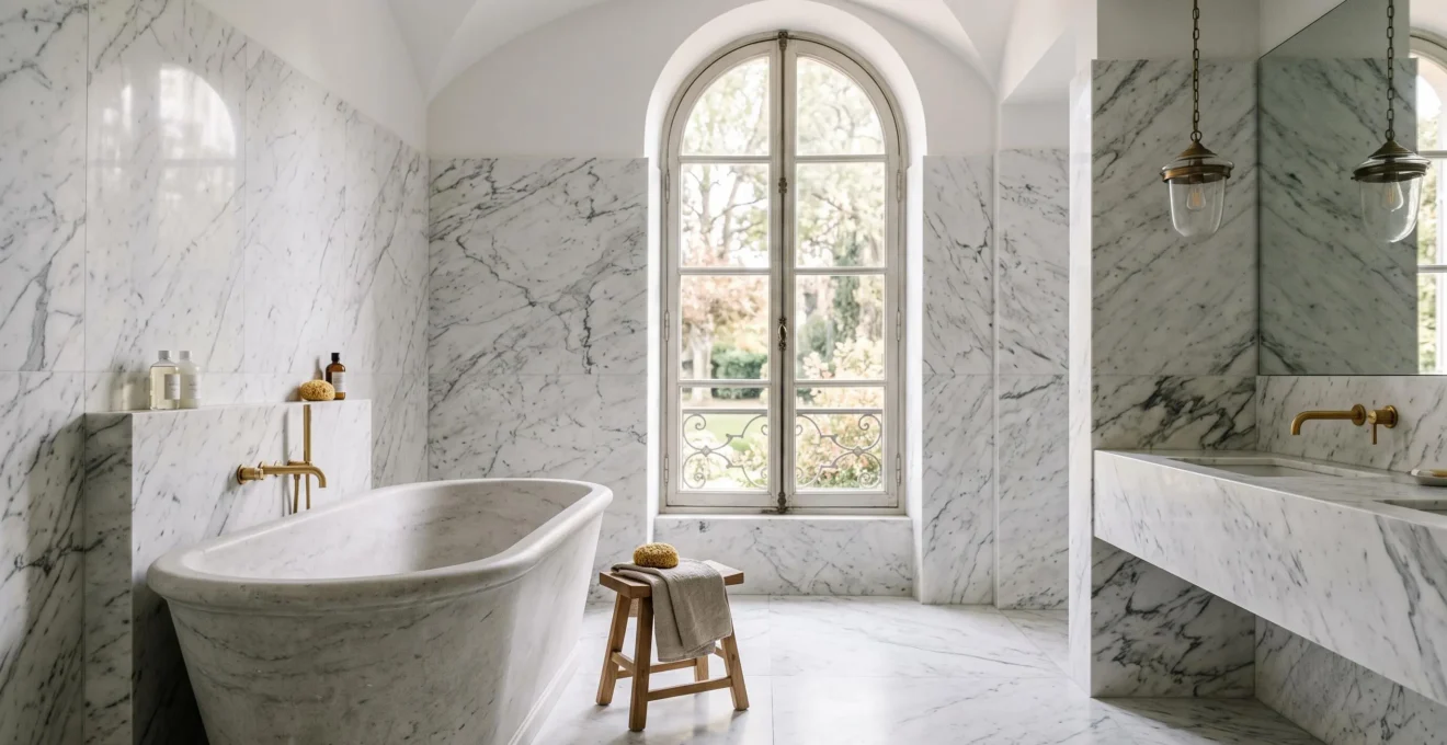 Salle de bain en marbre blanc veiné dans une grande maison française, symbole d'investissement patrimonial