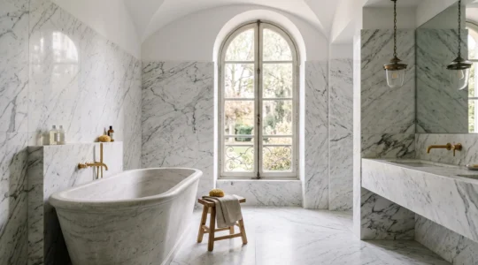 Salle de bain en marbre blanc veiné dans une grande maison française, symbole d'investissement patrimonial