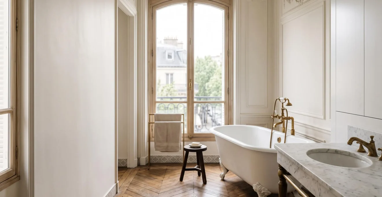 Salle de bain haussmannienne élégante mêlant marbre, laiton patiné et bois, illustrant le vieillissement noble des matériaux