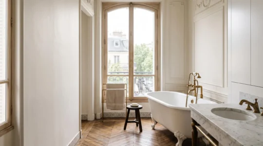 Salle de bain haussmannienne élégante mêlant marbre, laiton patiné et bois, illustrant le vieillissement noble des matériaux