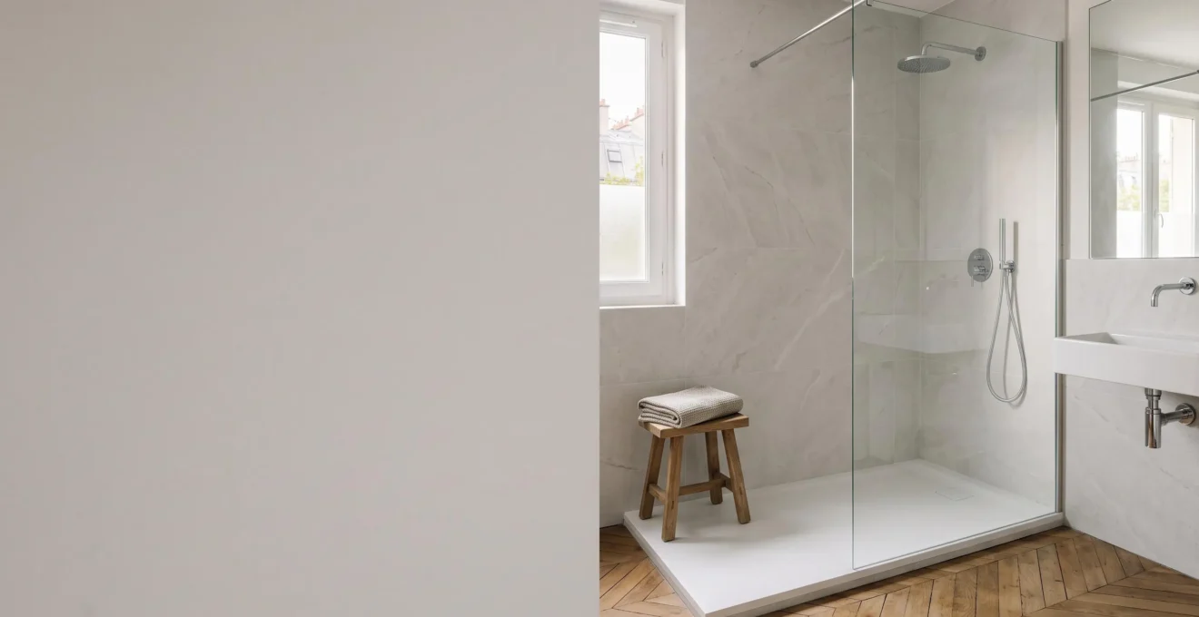Salle de bain contemporaine à la française mettant en scène un receveur de douche épuré, symbole du choix entre résine, céramique et acrylique