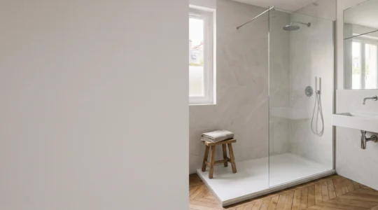 Salle de bain contemporaine à la française mettant en scène un receveur de douche épuré, symbole du choix entre résine, céramique et acrylique