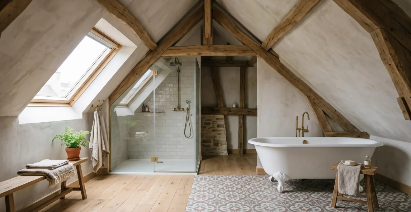 Salle de bain sous toiture en pente avec douche et vasque intégrées dans une architecture de combles lumineuse