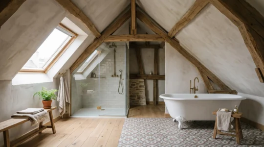 Salle de bain sous toiture en pente avec douche et vasque intégrées dans une architecture de combles lumineuse