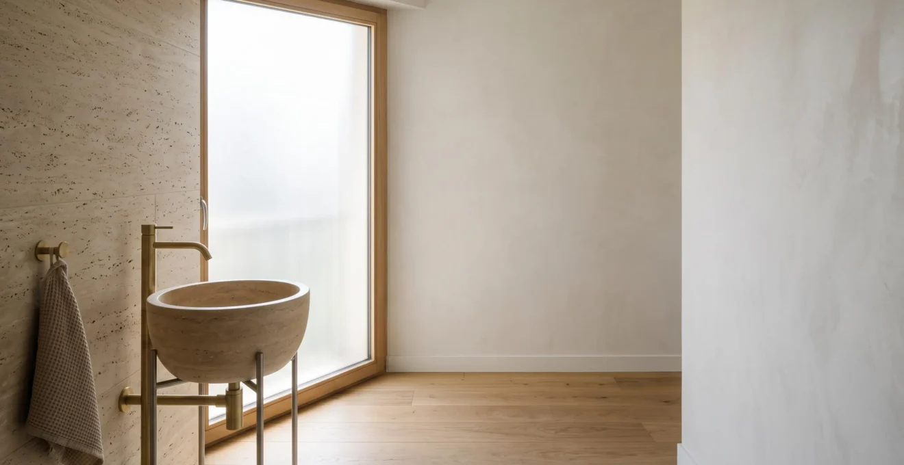 Salle de bains épurée et lumineuse baignée d'une lumière naturelle douce, illustrant l'harmonie entre matériaux, lumière et circulation