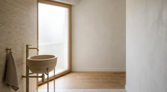 Salle de bains épurée et lumineuse baignée d'une lumière naturelle douce, illustrant l'harmonie entre matériaux, lumière et circulation