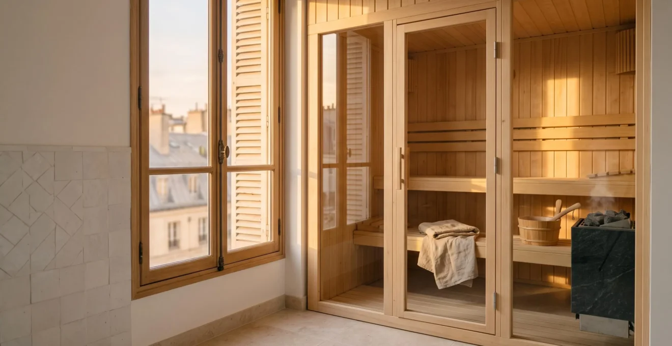 Cabine de sauna en bois clair intégrée dans une salle de bain épurée à la française, lumière chaude du soir
