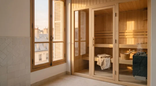 Cabine de sauna en bois clair intégrée dans une salle de bain épurée à la française, lumière chaude du soir