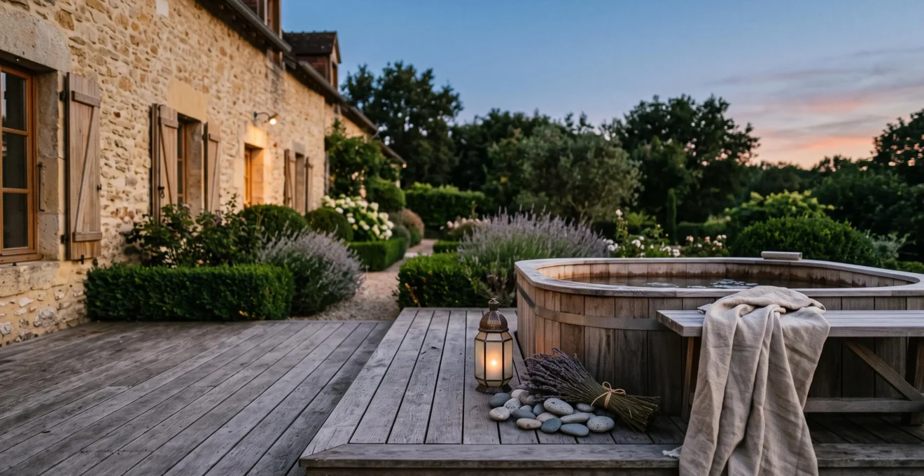 Spa extérieur en bois sur une terrasse de maison française, décoré pour la saison avec un éclairage tamisé au crépuscule