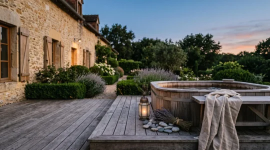 Spa extérieur en bois sur une terrasse de maison française, décoré pour la saison avec un éclairage tamisé au crépuscule