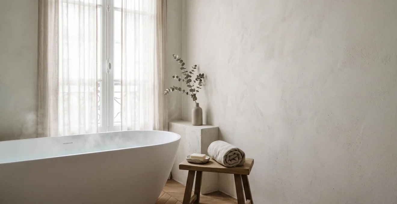 Salle de bain parisienne transformée en cocon spa, baignée d'une lumière douce et naturelle