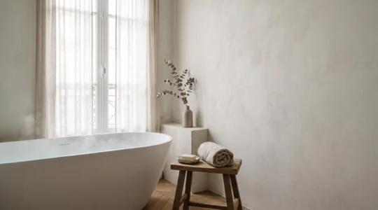 Salle de bain parisienne transformée en cocon spa, baignée d'une lumière douce et naturelle