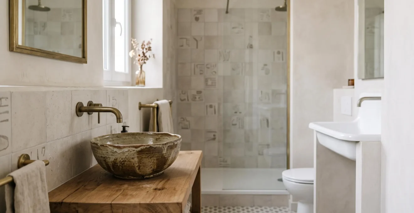 Salle de bain design de 9 m2 avec une vasque artisanale en grès posee sur un plan en chene, lumiere naturelle du matin