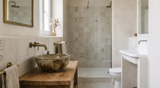 Salle de bain design de 9 m2 avec une vasque artisanale en grès posee sur un plan en chene, lumiere naturelle du matin