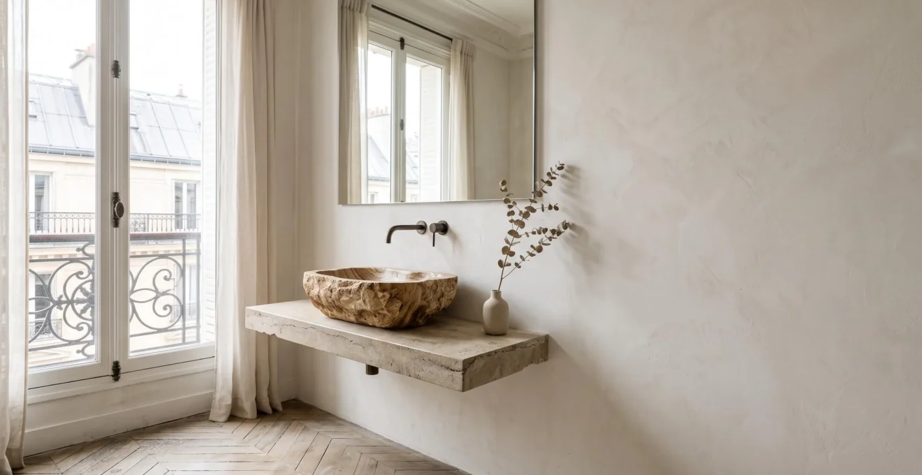 Vasque en bois fossilisé posée sur un plan en pierre dans une salle de bain épurée au style haussmannien