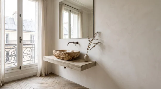 Vasque en bois fossilisé posée sur un plan en pierre dans une salle de bain épurée au style haussmannien