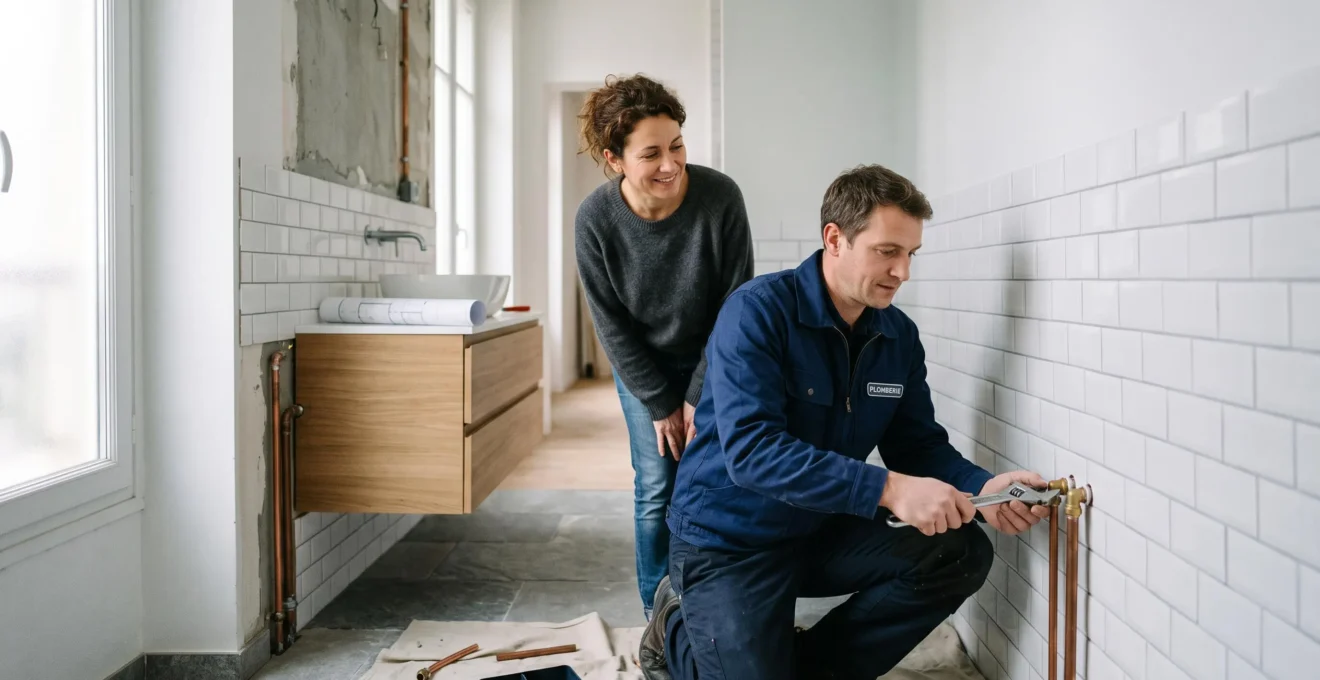 Artisan plombier professionnel et client examinant ensemble une installation sanitaire dans une salle de bain française avant signature d'un devis