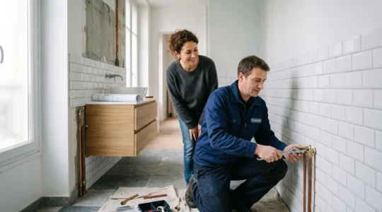 Artisan plombier professionnel et client examinant ensemble une installation sanitaire dans une salle de bain française avant signature d'un devis