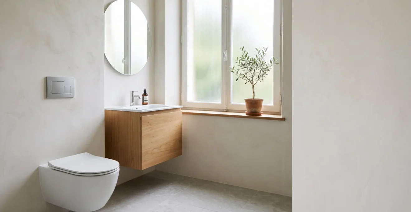 Salle de bain moderne épurée avec WC suspendu design, ambiance chaleureuse à la française