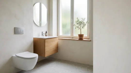Salle de bain moderne épurée avec WC suspendu design, ambiance chaleureuse à la française