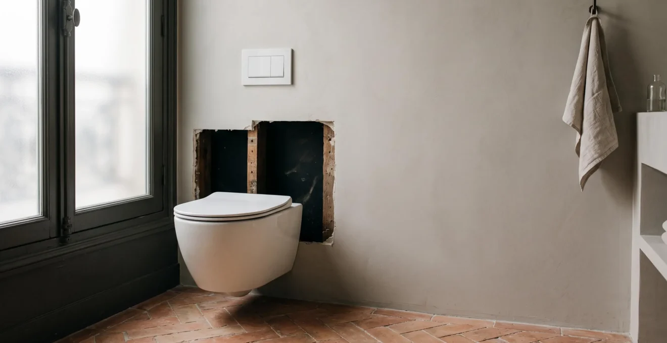 Cuvette de WC suspendu dans une salle de bain épurée à la française, symbolisant la promesse de silence face à la réalité technique