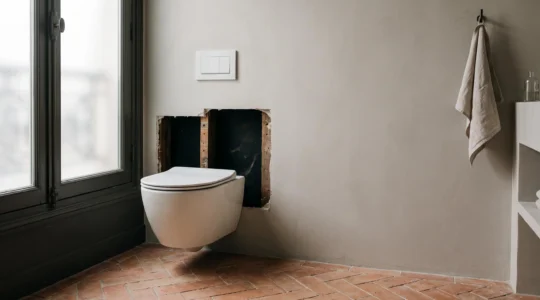 Cuvette de WC suspendu dans une salle de bain épurée à la française, symbolisant la promesse de silence face à la réalité technique