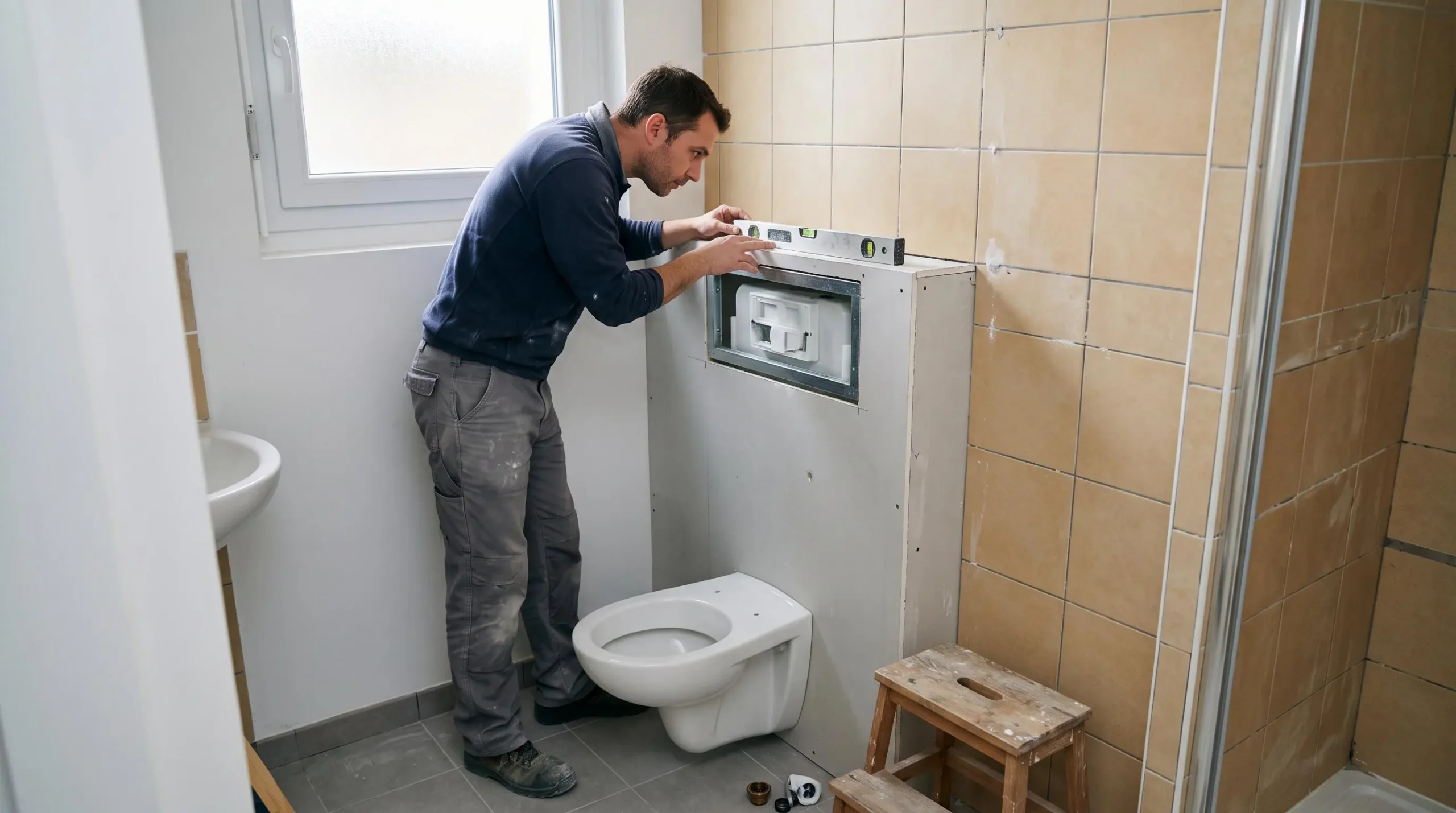 Un plombier serre un raccord PVC sur la conduite de relevage d'un sanibroyeur installé sous les combles d'une maison.