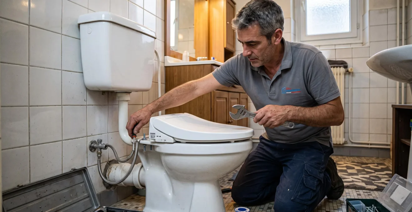 Plombier installant un abattant WC japonais sur une cuvette existante avec outils et raccordement eau visible