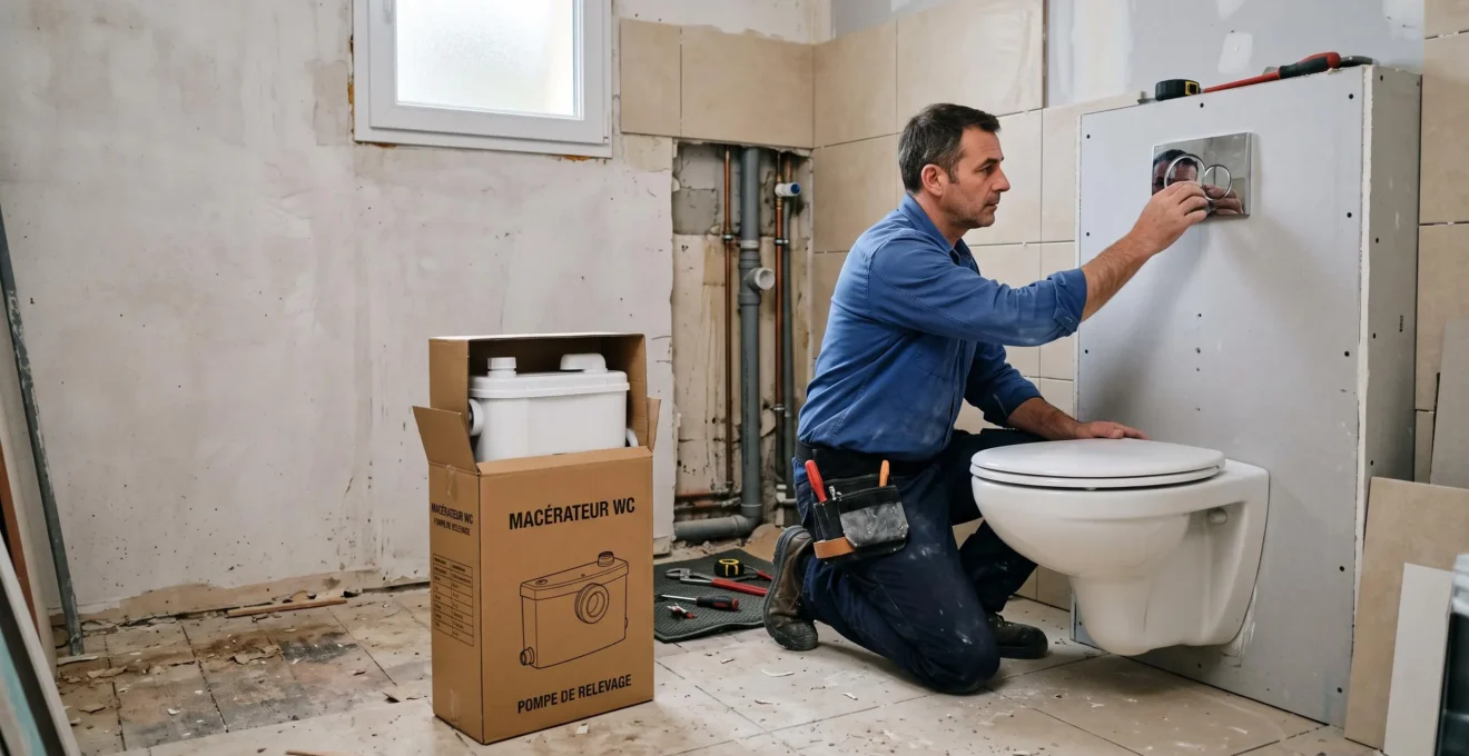 Un plombier installe un WC suspendu dans une salle de bains en rénovation, avec un sanibroyeur posé au sol à proximité.