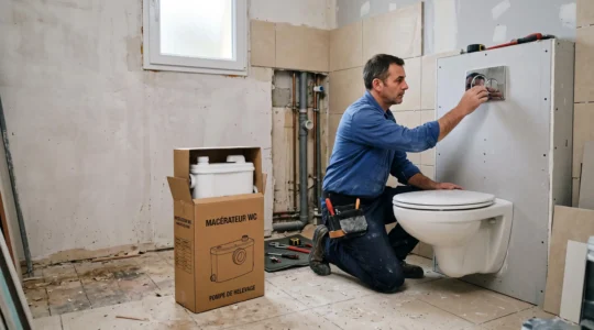 Un plombier installe un WC suspendu dans une salle de bains en rénovation, avec un sanibroyeur posé au sol à proximité.