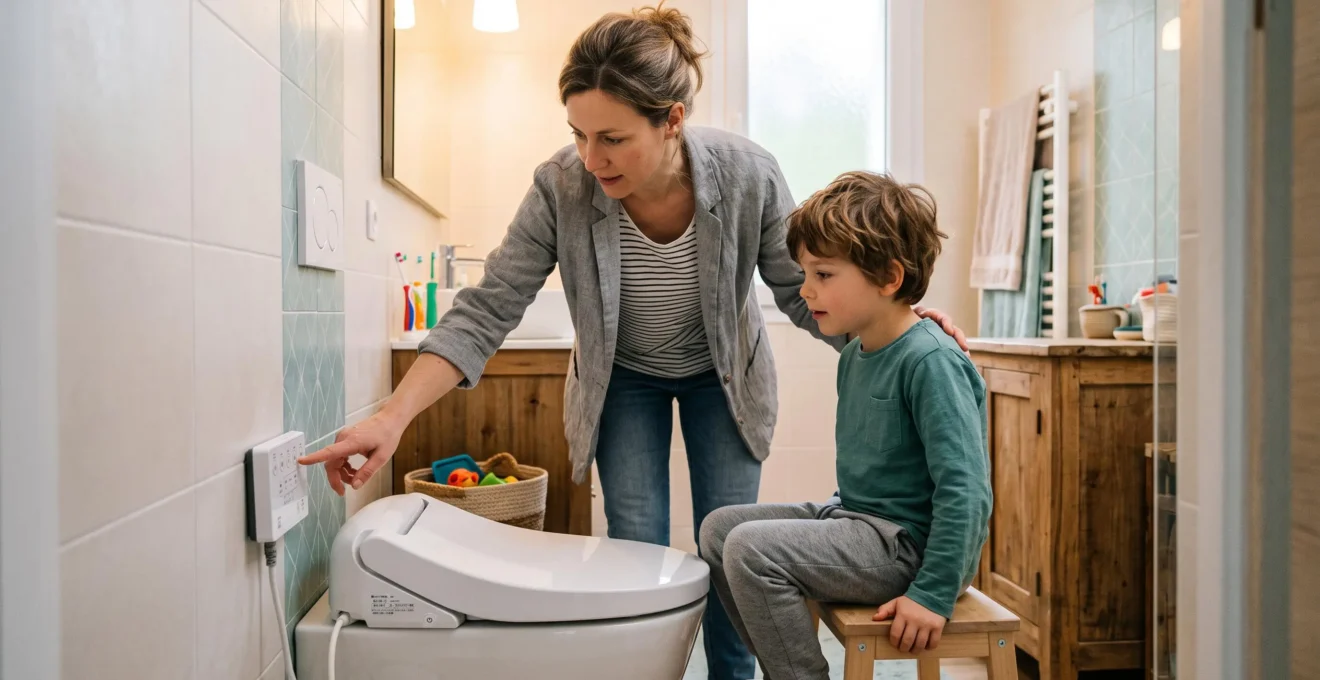 Parent aidant un enfant à utiliser un WC japonais dans une salle de bain familiale moderne