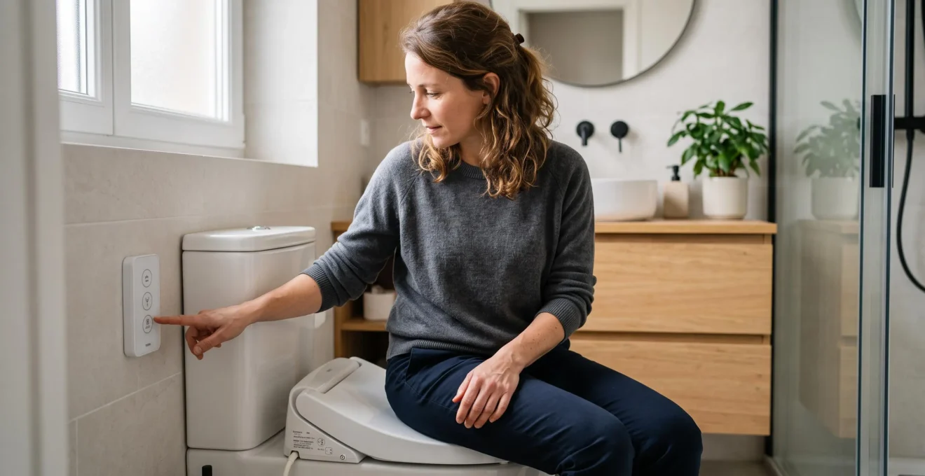 Personne utilisant un WC japonais moderne dans une salle de bain contemporaine, main sur le panneau de commande latéral