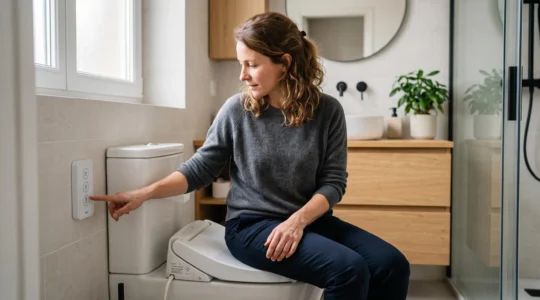 Personne utilisant un WC japonais moderne dans une salle de bain contemporaine, main sur le panneau de commande latéral